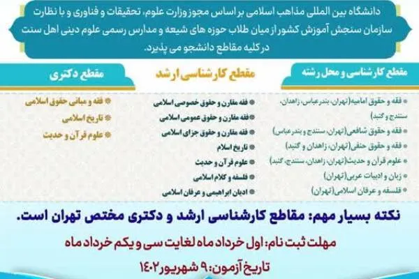  آغاز ثبت‌نام داوطلبان آزمون اختصاصی دانشگاه بین‌المللی مذاهب اسلامی 
