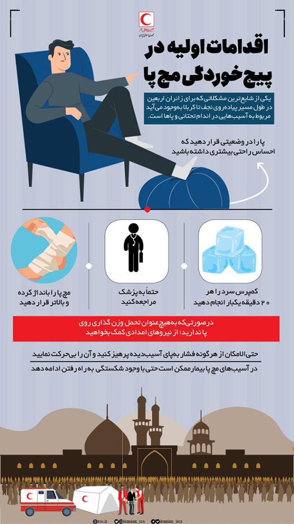 اقدامات اولیه در پیچ‌خوردگی مچ پا هنگام پیاده‌روی اربعین
