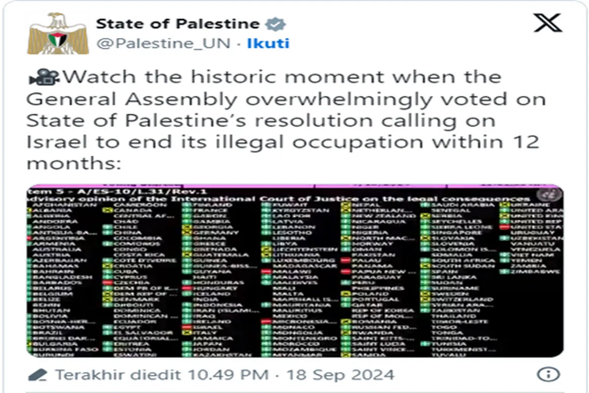 Sidang Umum PBB Berikan Suara 124:14 untuk Akhiri Pendudukan Israel