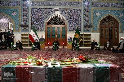 مراسم وداع با پیکر شهید محسن فخری‌زاده در حرم مطهر رضوی