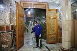 ضدعفونی کردن ضریح مطهر و رواق های حرم حضرت معصومه(س)