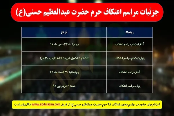 جزئیات مراسم اعتکاف حرم حضرت عبدالعظیم(ع)