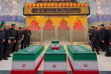 فیلم | وداع با پیکرهای مطهر شهدای خانواده رهبر شهید در کربلا