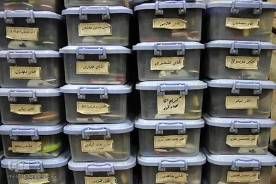 وسایل شخصی اصلاح مشتریانش را با نظم خاصی در مغازه اش نگهداری می کند.