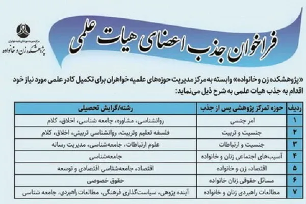 جذب هیئت علمی در «پژوهشکده زن و خانواده»
