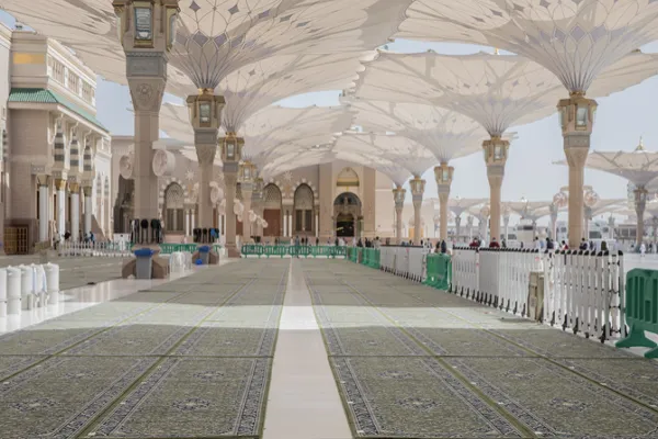 Courtyard of Prophet’s Mosque Covered with New Green Carpets