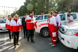 آیین بدرقه کاروان اربعینی امداد و درمان هلال احمر به مناطق مرزی در ایران و کشور عراق